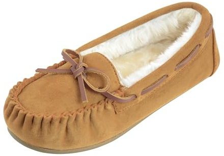 FIBURE Womens Moccasin Slippers Micro Suede Cozy Indoor Outdoor House Shoes Brown Size 8 US