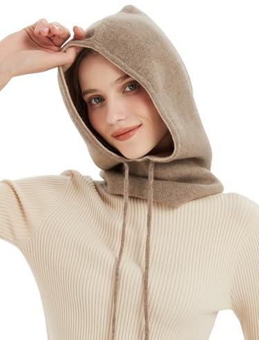Reine Kaschmir Strickmütze Kapuzenschal für Damen Herren, Outdoor Winddicht Warme Kapuze Loop Schal, Stilvolle Winter Sturmhaube mit Verstellbarem Kordelzug, Ski Rad Beanie Hut Schal Set Coffee F