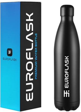 EuroFlask Stainless Steel Water Bottle, Leak Proof Metal Water Bottles with Double Wall Vacuum Insulation-12 Hrs Hot & 24 Hrs Cold Drinks Bottle for Gym, Sports and Work (Black, 750 mL)
