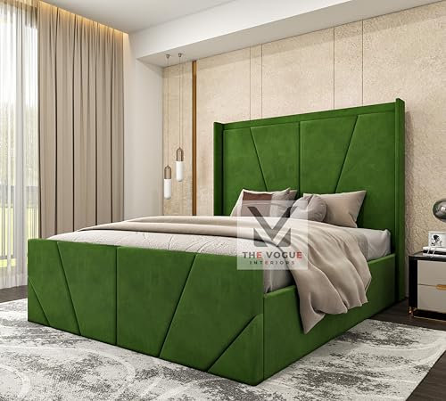 THE VOGUE Interiors Winged Bed Frame | Plush Velvet Bed With Storage | Ottoman Storage Bed Frame | upholstered bed frame (Green Plush Velvet, 6FT SUPER KING)