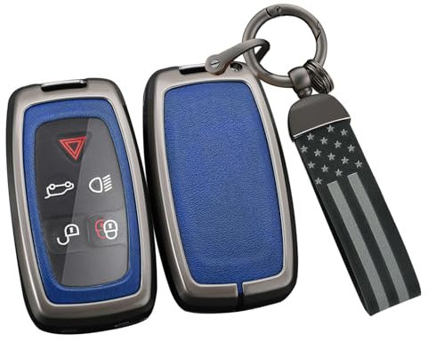 ontto Smart Remote Key Fob Protector Fit for Land Rover Discovery 4 LR4 2010-2015 Metal and Leather Car Key Bag Fit for Range Rover Sport Evoque 2010-2017 Car Accessories Blue