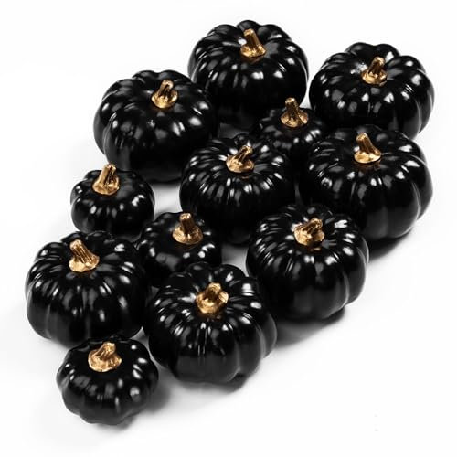Benjia Calabaza Decoraciones de Otoño, Mini Calabaza Pequeña, Calabazas Artificiales Falsas, Halloween, Acción de Gracias, Decoración de Mesa para el Hogar (12 Piezas, Negro)