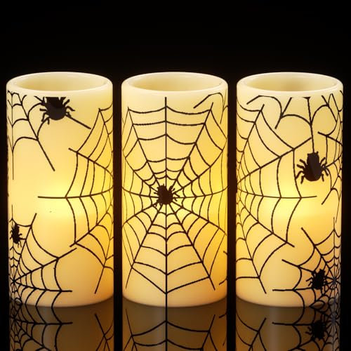 Eldnacele Halloween LED Kerzen mit Timerfunktion, flammenlose Stumpenkerzen Echtwachssäulenkerzen flackernd, Spinnennetz & Spinnen-Kerzenset, 3er-Set, Ø 7,5 cm x H 15 cm Halloween-Dekorationen