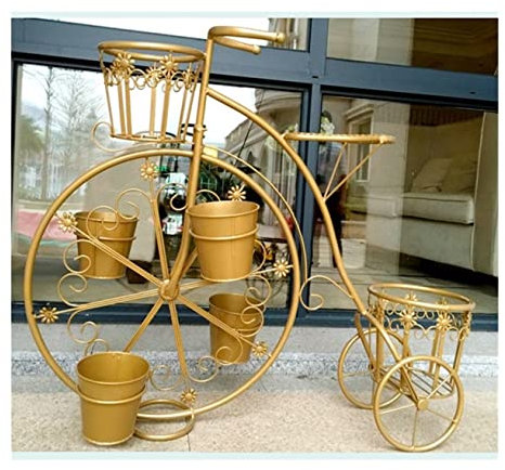 REEKOS Pflanzenregal Blumenständer Pflanzenständer Fahrrad Pflanzenhalter Rack Kreatives Metall Eisen Blumentopfhalter Rack Outdoor Indoor Balkon Terrasse Blumenregal Blumentreppe(Gold)