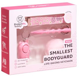 Selbstverteidigung Schlüsselanhänger Mini Set 4pcs mit Kubotan, Alarm, Lederband, Pom Pom, VEGAN Leder rosa PINK Daisy für Kinder geeignet Self Defense Keychain (Pink Daisy, Mini Set)