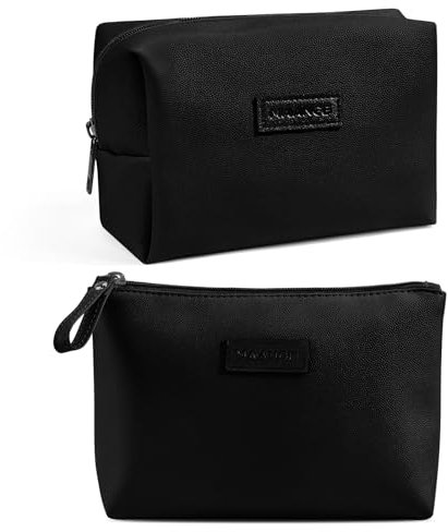 Kleine Kosmetiktasche MAANGE 2 Stück Make up Tasche mit Fächern Schminktasche Klein für Handtasche Reise PU Leder Kosmetiktasche (schwarz)