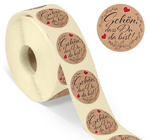 colortouch Schön, dass du da bist Aufkleber, 500 Stück 35 mm Rund Sticker auf Rolle, Kraftpapier Optik Selbstklebend Durchmesser Etiketten Gastgeschenke Deko für Hochzeit, Geburtstag,Taufe, Verpackung