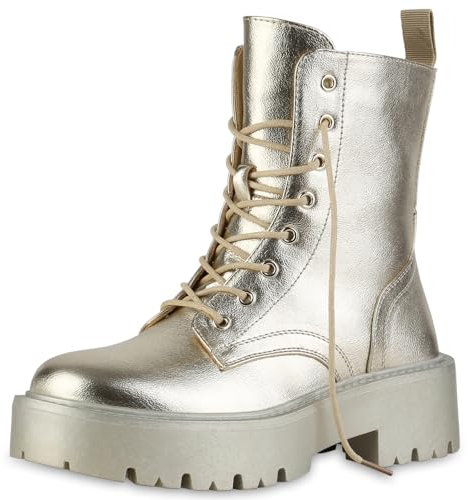 VAN HILL Damen Plateau Boots Blockabsatz Plateau Vorne Trendy Schuhe 214047 Gold 37