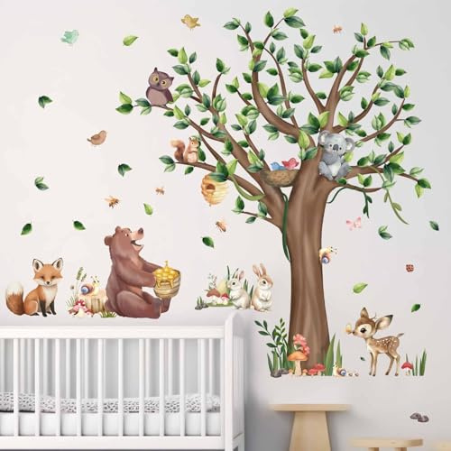 Amimagen Large Tree Woodland Animals Wall Stickers - Bear Fox Deer Wall Decals - Baby Nursery Kids Girls Boys Room Daycare Playroom Classroom Wall Decor