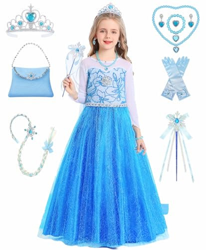 Elsa Kostüm Mädchen Prinzessin Kleid Set Eiskönigin Faschings Kostüme Kinder Fastnacht Geburtstag Verkleidung Eisprinzessin Cosplay Party Blau Outfits mit Zubehör Zauberstab Krone Perücke C069M