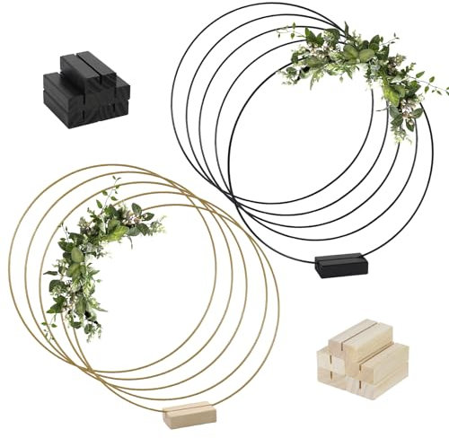 GENHH 10 Stück Metallringe zum Basteln 30cm,Metallring mit Fuß,Metallringe mit 10 Stück Holzständern für DIY Hochzeits-Tisch-Dekorationen, Wandhängende Handwerke, Weihnachten Handwerk