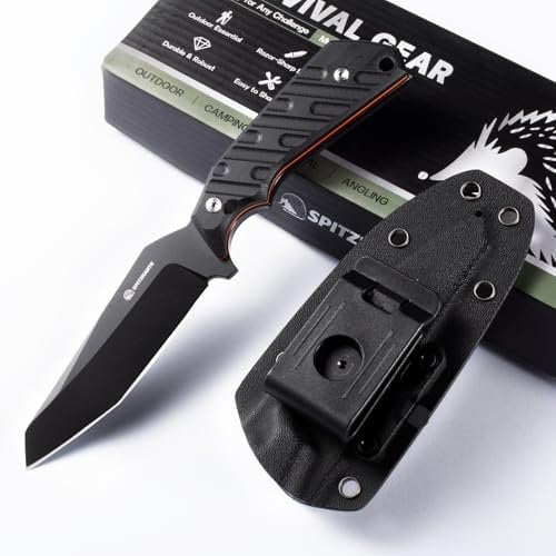 SPITZKANTE Coltello Da Collo Fodero In Kydex E Clip Da Cintura Regolabile, Lama Da 10,6 cm Acciaio D2, Coltello Lama Fissa, Manico In G10 Tutto Nero