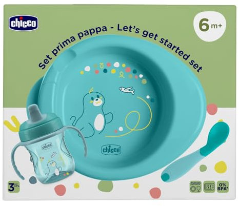 Chicco Set Vajilla Bebé, para la comida compuesto por Copa de entrenamiento, Primera Cuchara, Plato Caliente, Edad 6 meses +, 0% BPA, Azul
