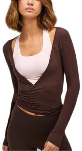 Felcia Frauen Y2k Ballett Wrap Top Langarm Tiefer V-Ausschnitt Slim Fit Yoga Pilates Ballet Workout Tops Frühling Kleidung (A-Coffee, L)