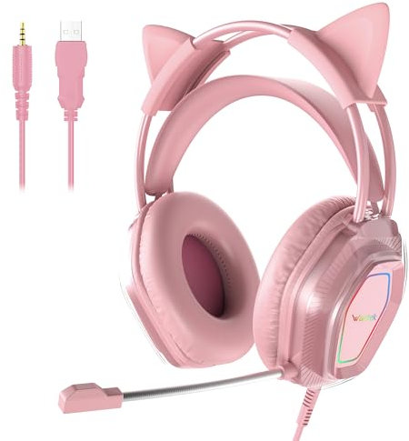 Wantek Cute Cat-Ear Gaming Headset - 50mm Drivers, Noise-Cancelling Mic, 3.5mm Wired Stylish & Lightweight Design (Pink)