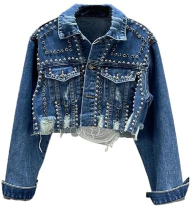 Damen-Jeansjacke mit Nieten, langärmelig, Revers, einreihig, einfarbig, kurzer Jeansmantel, blau, S