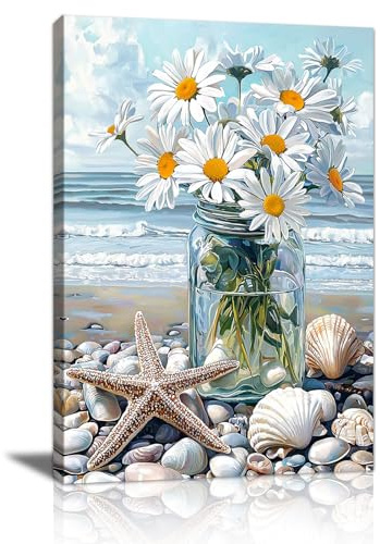 FajerminArt Strand Weiße Blumen in der Vase Leinwand bilder Mit Rahmen, Natur Blaue Küstenszenerie Bild Auf Leinwand Wandkunst Modern Wandbilder Kunstdruck Deko für Wohnzimmer Schlafzimmer 40×60cm
