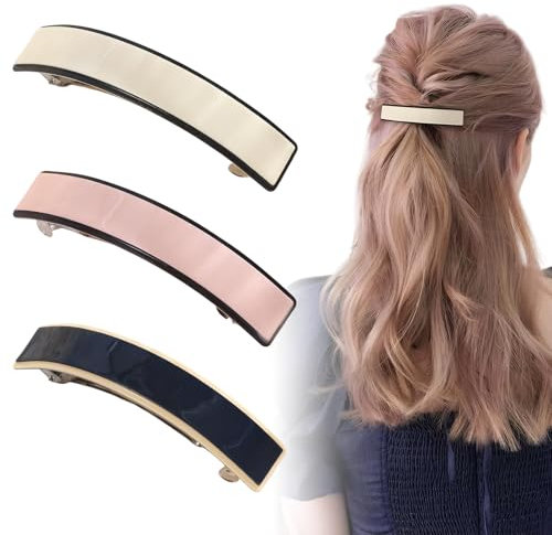 3PCS Pinza de Pelo Estilo Francés, Elegante Clip de Pelo Automático, Pinzas de Cabello Clásico Rectangular Horquillas Retro, Pinzas de Resorte de Acetato Antideslizantes (Rosa, Blanco, Negro)