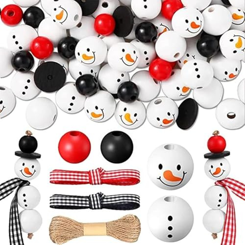 Vookkp 180 Stück Holzperlen Weihnachten Holzkugeln mit Loch Holz Weihnachtsperlen Weihnachten Schneemann Christmas Perlen Holzperlen 20mm für Weihnachtsdeko DIY-Basteldekoration