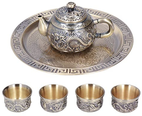 Qudinip Thé à thé, Motif Exquis Luxury Relief Retro Design Metal Tea Set avec une Assiette de 4 Tasses, pour le de Décoration de Table