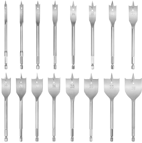 NAMYEUT 16 teilig Spatenbohrer Set, Ø 6-38mm Flachbohrer Holzbohrer, 1/4 Zoll Sechskantschaft, Flachfräsbohrer Set für Holzbearbeitung, Hartholz