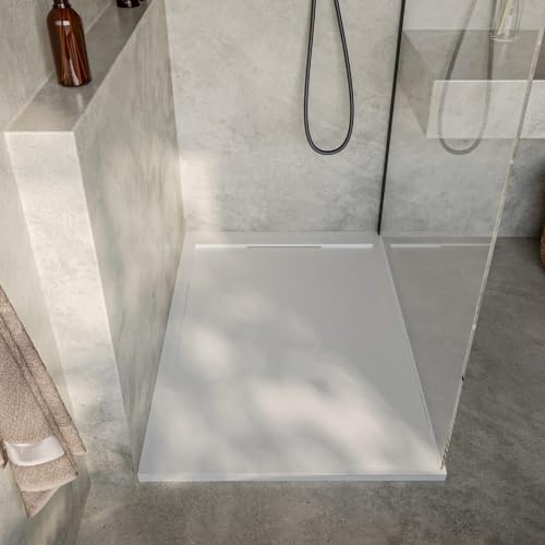 SOULBATH Plato de Ducha Extraplano Antideslizante – Resina Gel Coat - Textura Liso/Piedra – BLANCO ROTO - 140X70 - Rejilla integrada mismo color - Incluye Válvula de desagüe