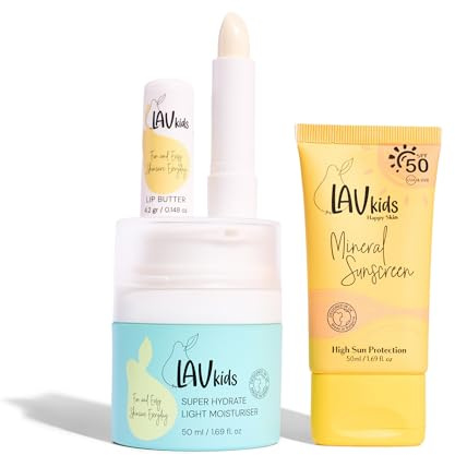LAVkids Sun Ready Set, Feuchtigkeitscreme (Super Hydrate), LSF 50 Mineralische Sonnencreme und Lippenbutter, Dermatologisch Getestet, Kindergeschenk-Set