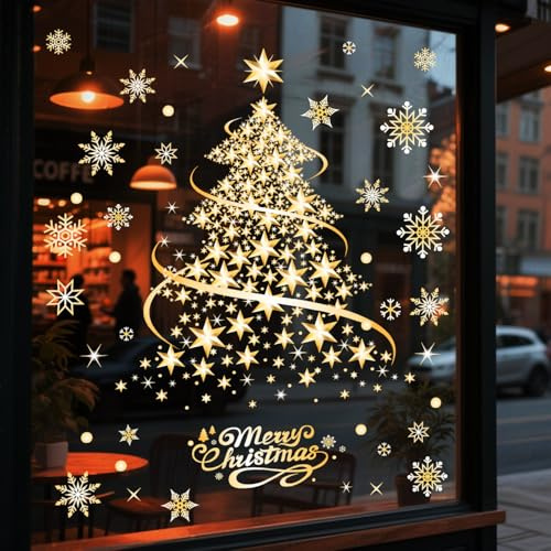 Gleemix Fensterbilder Weihnachten Gold, 2 Stück Fensterdeko Weihnachten, 35x50 cm Fensterbilder Weihnachten Selbstklebend, Schneeflocken Fensterbilder