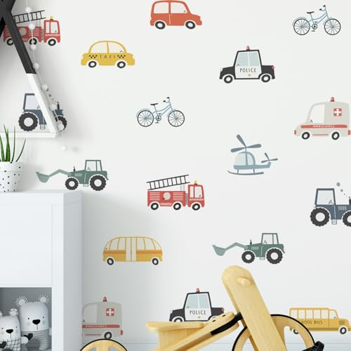 Neukids Wandtattoo Kinderzimmer,Auto Wandsticker Selbstklebende-48 Stück | Deko Kinderzimmer Mädchen Babyzimmer Jungen Schlafzimmer Wohnzimmer Kindergarten Fenster Wanddeko-Verkehrsmittel Sticker