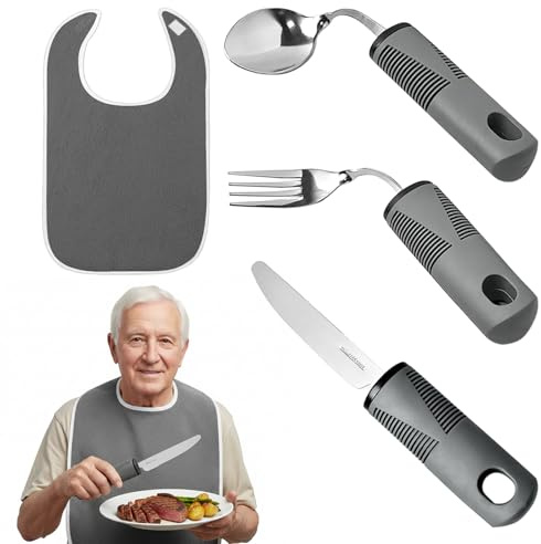 Qwrqwr Adult Bibs and Twistable Cutlery with Chunky Handles Utensils Set for Elderly Arthritic Disabled Reuasable Clothing Protector and Meal Aids
