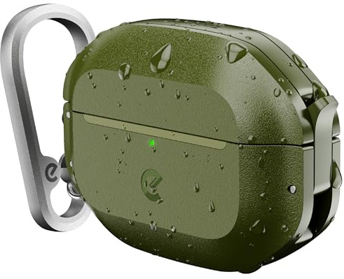 Keybudz Schutzhülle für AirPods Pro 3 mit Schloss, vollständig wasserdicht, kompatibel mit AirPods Pro 3. Generation, Schlüsselanhänger, robuster, robuster Schutz, Hartschale und Karabiner (Waldgrün)