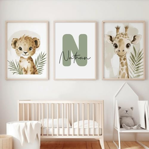 3 Bilder Babyzimmer Personalisiert 30X40CM Poster Waldtiere Kinderzimmer Baby Jungen Lion Giraffe Bilderwand Kinder Baby Jungen Tiere Leinwand Bilder Kinderzimmer Dschungeltiere ohne Rahmen