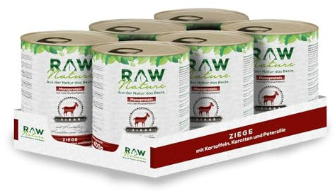 RAW Nature - Ziege Pur 6x800g - Mit Kartoffeln, Möhren & Petersilie - Nassfutter für Hunde - Hoher Fleischanteil - Monoprotein - Alleinfuttermittel - Getreidefreies Hundefutter
