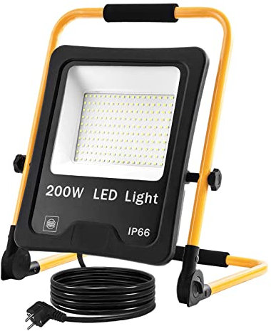 XMTECH LED Fluter LED Baustrahler Arbeitsleuchte 200W Warmweiß - inkl. 3M Kabel, Standgestell und Tragegriff LED Arbeitsscheinwerfer Flutlichtstrahler Innen-und Außenbereich IP66 Wasserdicht