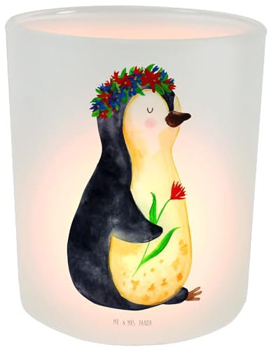 Mr. & Mrs. Panda Windlicht Pinguin Blumen - Geschenk, Teelichthalter, Blumenkranz, Wünsche, Teelichter, Glas Windlicht, Kerzenlicht, Windlicht