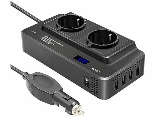 revolt Spannungwandler: 200W-Kfz-Wechselrichter Steckerleiste, 2X 230V, 4X USB, 400W Spitze (Kfz Spannungswandler, Auto Stromstecker, Apple iPhone Ladekabel)