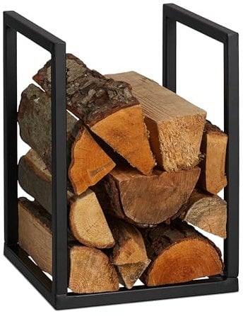Relaxdays Scaffale Portalegna da Interno in Metallo, per Ceppi da Camino, HLP 40x30x30 cm, Porta Legna da Ardere, Nero, Ferro