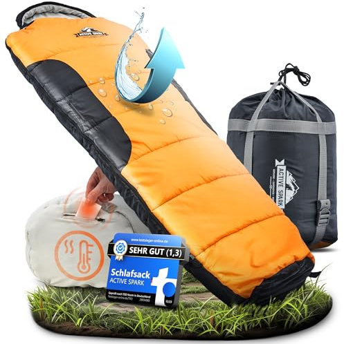 ACTIVE SPARK Schlafsack - wasserabweisend - Outdoor Sleeping Bag - Nie mehr kalte Füße Dank Taschenwärmer-Tasche - 0 Grad Komfort-Mumienschlafsack leicht (3 Jahreszeiten, Sonnenorgange/Schwarz)