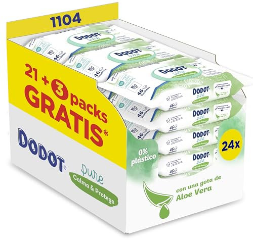 Dodot Toallitas Pure Calma & Protege Para Bebé, 1104 Toallitas (24 Pack De 46 Unidades), Ayuda a restaurar el pH natural de la piel, 99% Agua, Sin plástico