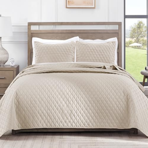 Exclusivo Mezcla Reversibel Tagesdecke als Bettüberwurf mit Kissenbezüge | 260x280 CM, Große Wohndecke Steppdecke für alle Jahreszeiten, leicht und weich, Maschinenwaschbar, Beige