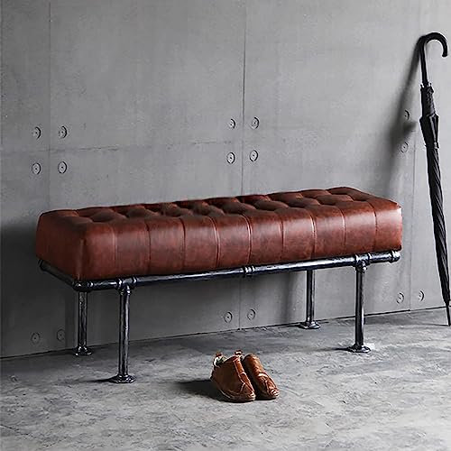 Moderne Multifunktions-Schlafzimmerbank, Esszimmerbank, Bequeme Schuhbank aus Leder, gepolsterte Ottoman-Sitzbank, industrielle Metallbank, Eingangsbank, Braun, 80 x 40 x 43 cm (31