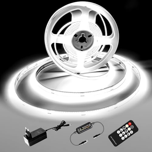 luktix COB LED Streifen 5M, LED Streifen Kaltweiß 6000K, 24V LED Stripe Dimmbar, CRI92, 8mm Breite, mit Fernbedienung und Netzteil, für Heim Dekoration, Küche, Spiegel