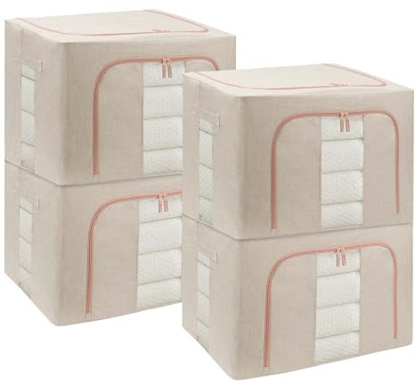 DAWNTREES 4 Pack Clothes Storage Boxes,Foldable Steel Frame Clothes,Clothing Storage Bins with Lid,Linen Storage Box With Clear Window,Zippers,Durable Handles