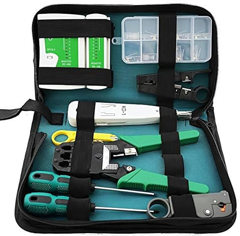 11pcs Ethernet Network Tool Kit Bag, LAN RJ11 RJ45 CAT5 CAT6 TV Cable Tester, 11-in-1 Repair Computer Mobile Device Maintenance Crimp Stripper Tool Set with Waterproof Case