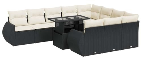 vidaXL 11-TLG. Garten-Sofagarnitur mit Kissen Schwarz Poly Rattan, Outdoor Sofagarnitur, Gartensofa Set, Lounge Set, Sofagarnitur Terrasse