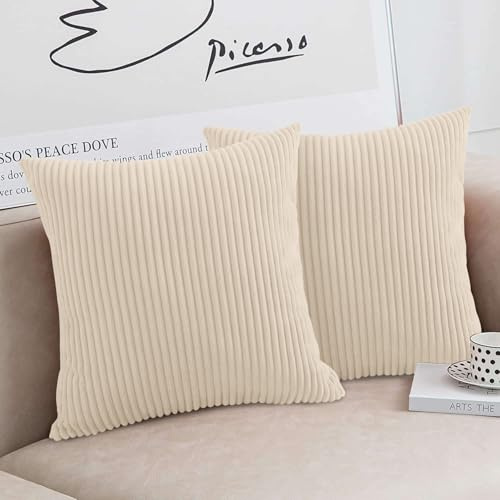 Moonlight Bedding Corduroy Cushions with Covers included Cream Pack of 2 (2 covers, 2 inserts) 45 x 45 cm Decorative Stripe Throw Pillow Cases with Invisible Zipper for Living Room Bed Sofa