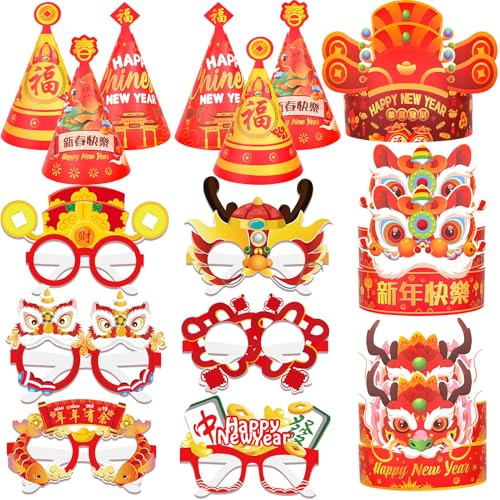 HOWAF Lot de 24 chapeaux coniques pour le Nouvel An chinois - Lunettes en papier - Année du serpent 2025 - Accessoires pour photomaton - Accessoires pour fête du printemps