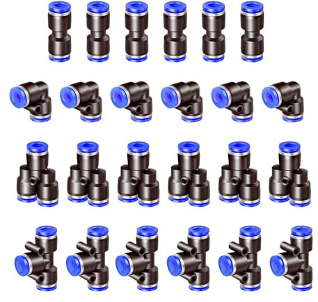 HAXIHA 24 Pezzi Connettore Pneumatico 10mm OD Raccordi a Pressione Kit Raccordi Pneumatici, OD 10mm Raccordi Rapidi Aria Compressa 6 Gomiti /6 Rettilinei /6 Divisori/6 Tee Blu