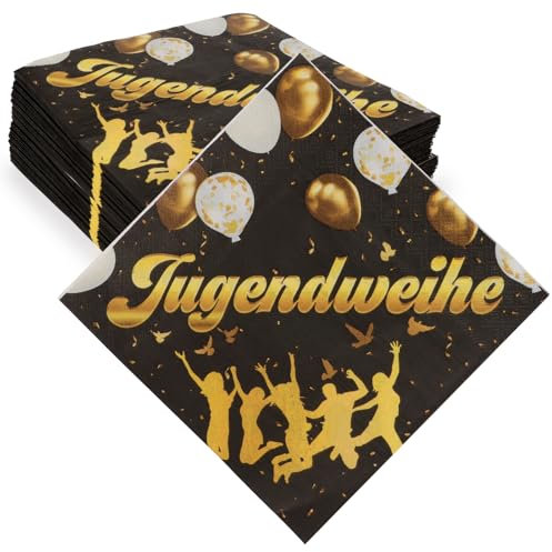 MEJOSER 40 Stück Servietten Jugendweihe Deko Junge Mädchen 33x33cm Jugendweihe Tischdeko Schwarz Gold Party Deko Geschenke
