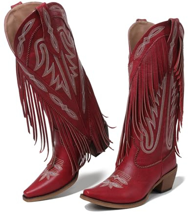 Grakihily Cowboy Boots for Women Retro Square Toe Pull On Block Chunky Heel Embroide Tassel Country Concert Outfits Calf Western Cowgirl Boots, Pu./Red, 5 UK